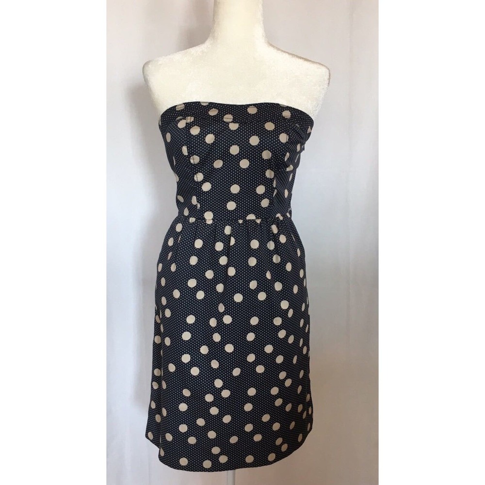The Limited Navy Blue Beige Polka Dot Halter Strapless Dress Size 2 Pockets